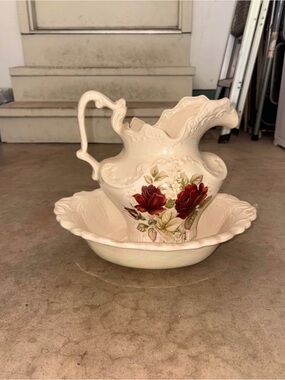 Vintage Arnels Cream Ceramic Pitcher and Basin with Red Rose Motif
